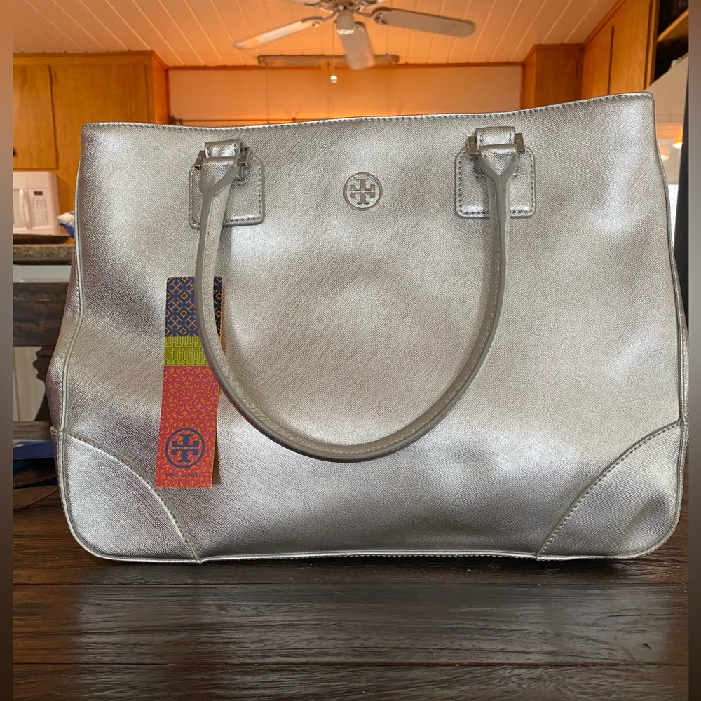 Tory Burch Metallic Silver Tote Bag